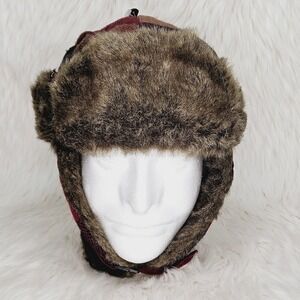 Unisex Ear Flap Trapper Hat One Size Red Black Buffalo Plaid Faux Fur Warm Cozy